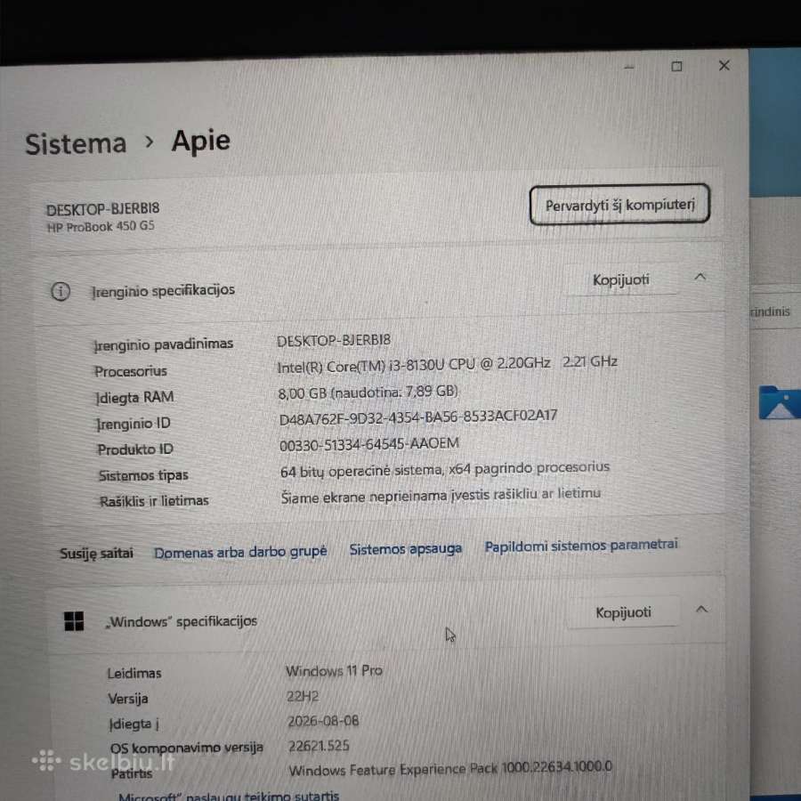 Hp probook 450 i3 8130u,8ram,256nvme,intel620 - nuotraukos Nr. 5