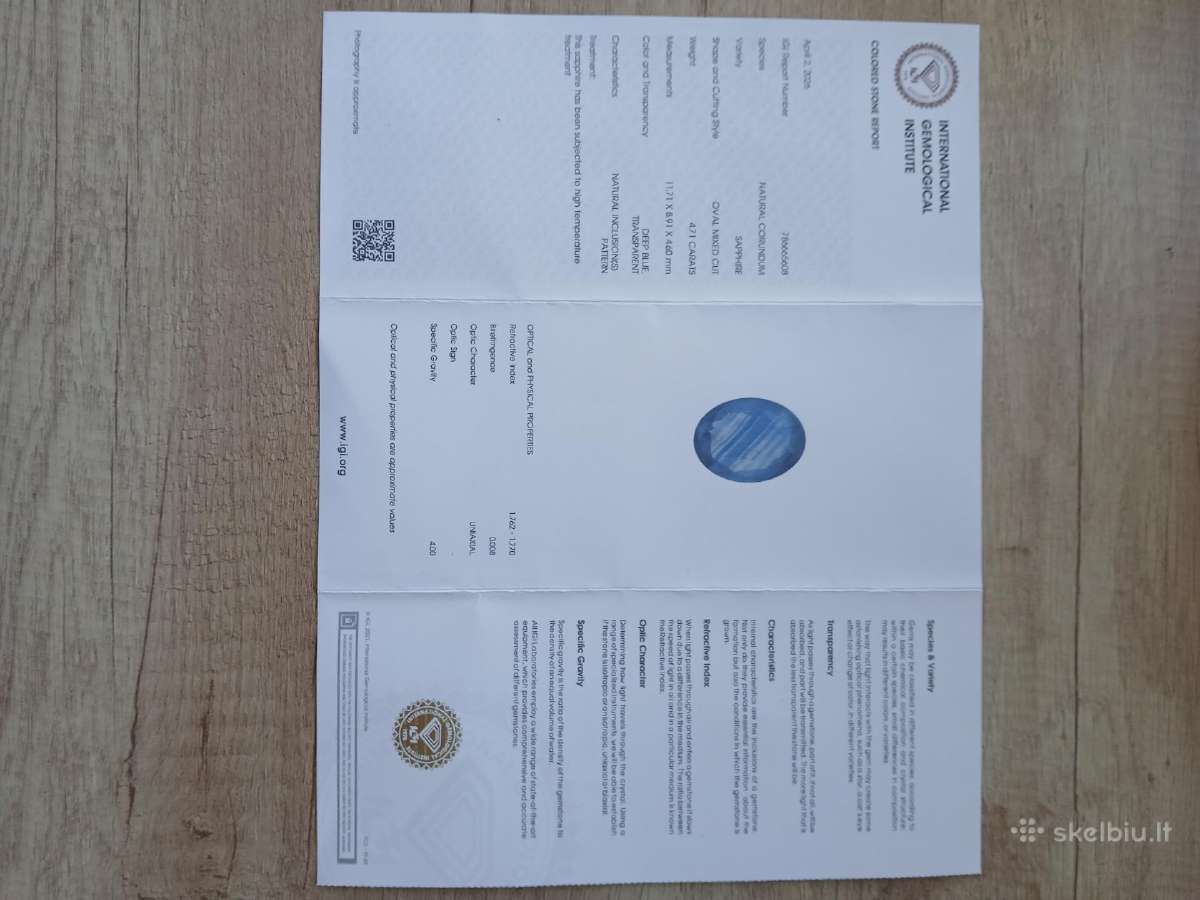 Parduodu 4.71ct Natūralus Safyras Igi .Deep Blue. - nuotraukos Nr. 2
