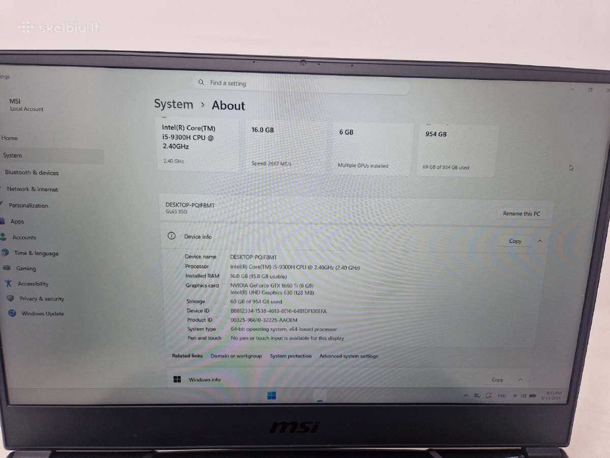 Msi 16us i5-9300h gtx 1660ti 16gb RAM - nuotraukos Nr. 3
