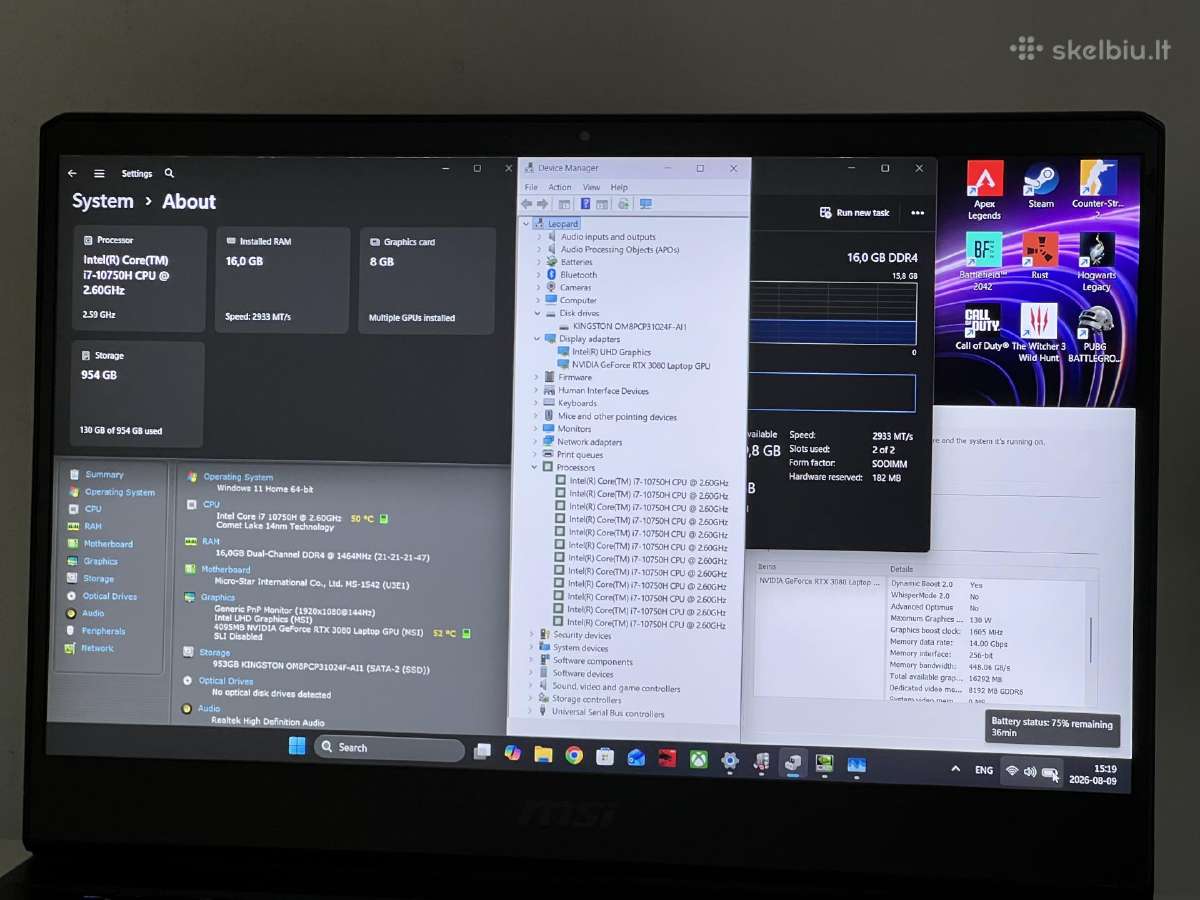 Parduodamas Msi Gp66 su Rtx 3080, I7-10k, 1tb. - nuotraukos Nr. 8