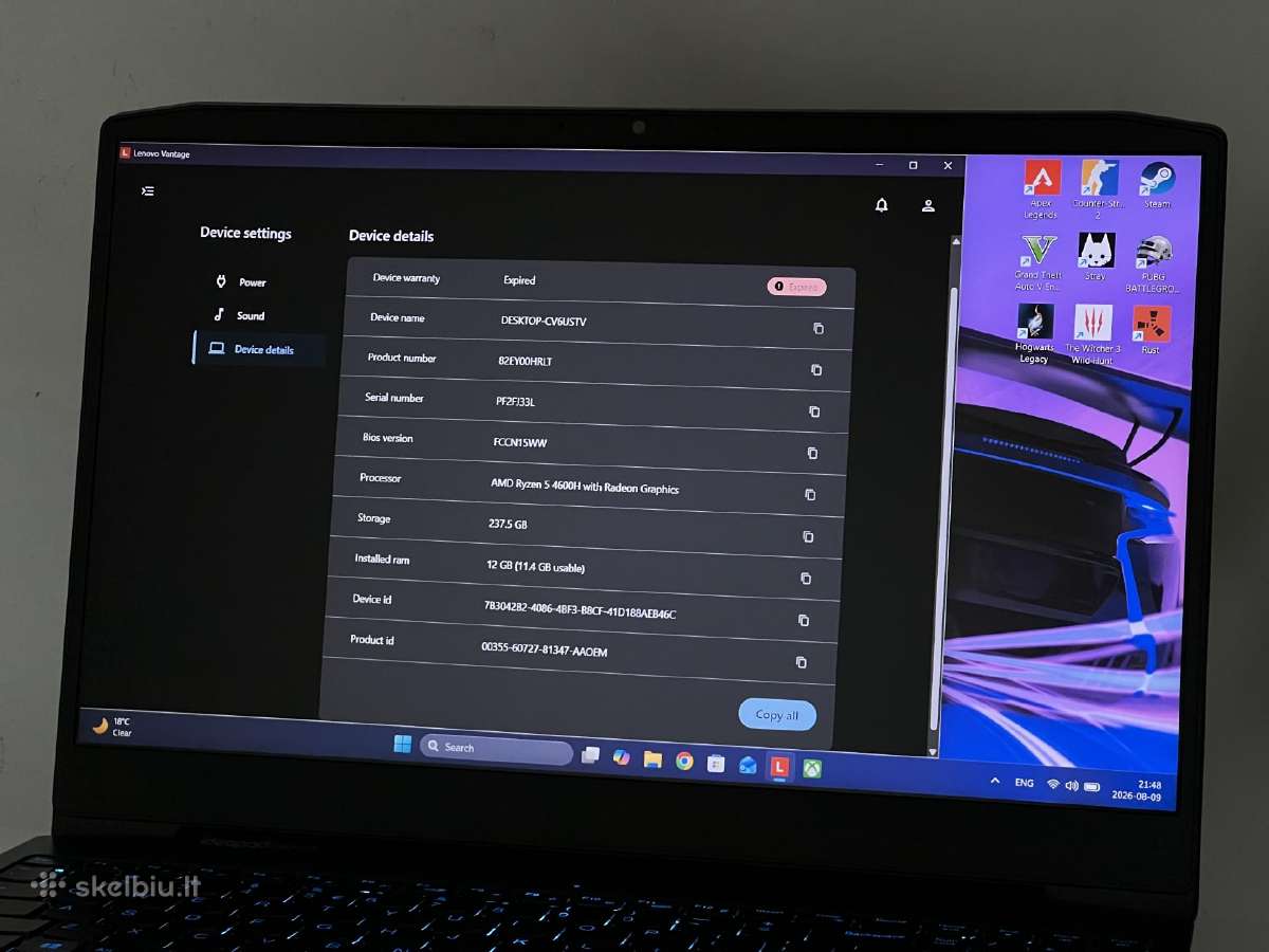 Parduodamas Ideapad Gaming su Gtx 1650, Ryzen 5. - nuotraukos Nr. 9