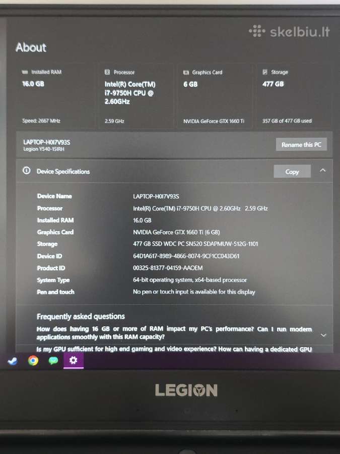 Parduodamas naudotas Lenovo Legion Y540 - nuotraukos Nr. 3