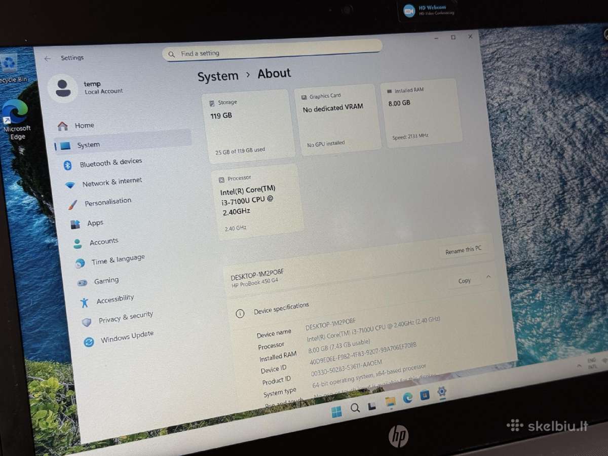 Hp Probook 450 G4 i3-7100u 8gb/128gb SSD - nuotraukos Nr. 3