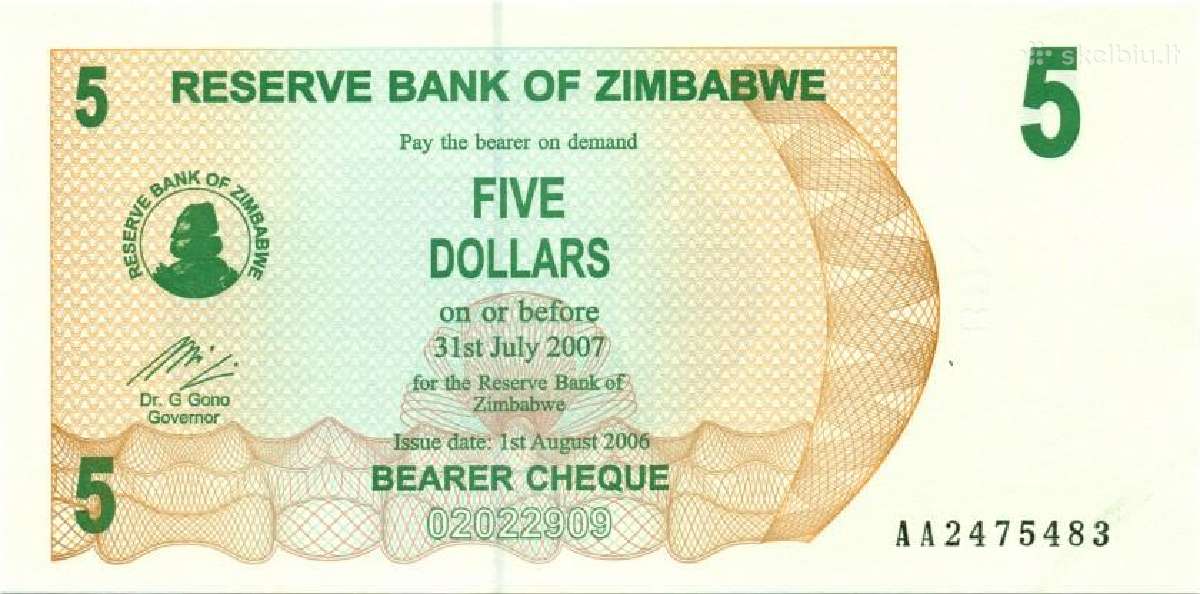 Zimbabwe 5 dollars 2006. Unc. P - nuotraukos Nr. 2