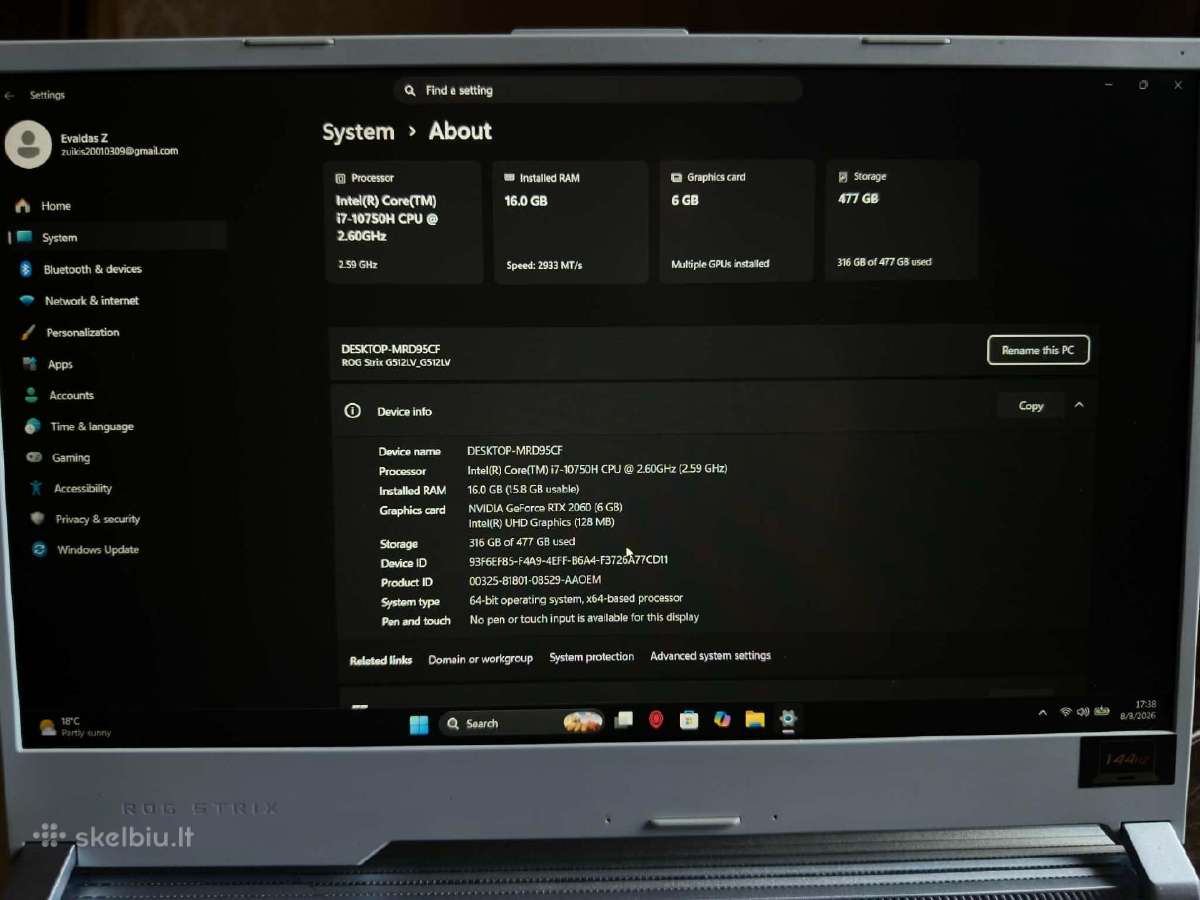 Asus Rog Strix G15 Rtx2060 144hz - nuotraukos Nr. 4