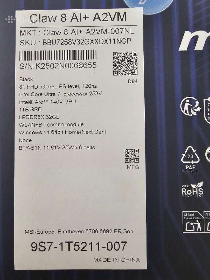 Msi Claw 8 Ai+ A2vm Ultra 7 32gb 1tb 80wh - nuotraukos Nr. 3