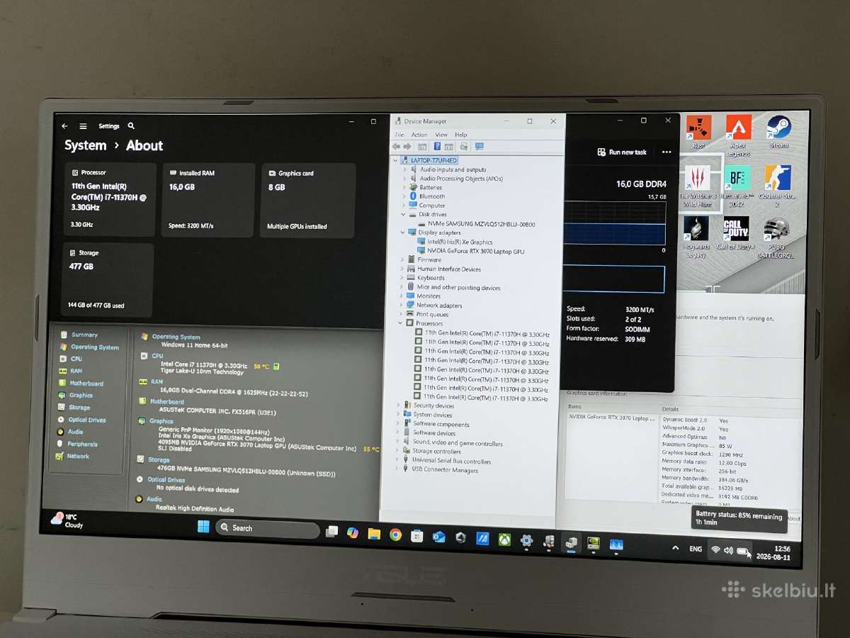 Parduodamas Asus Tuf su Rtx 3070, I7-11k, 144hz. - nuotraukos Nr. 8