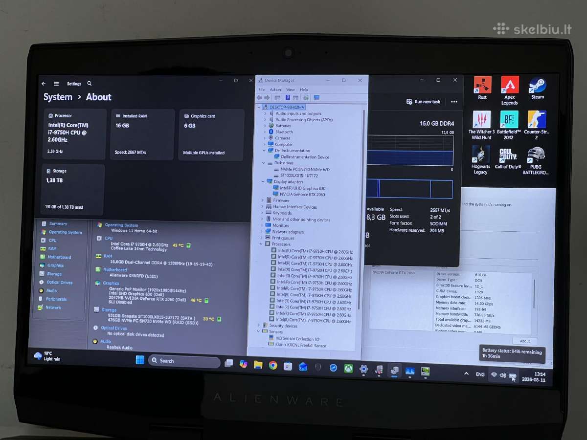 Parduodamas Alienware su Rtx 2060, I7-9k, 144hz. - nuotraukos Nr. 8