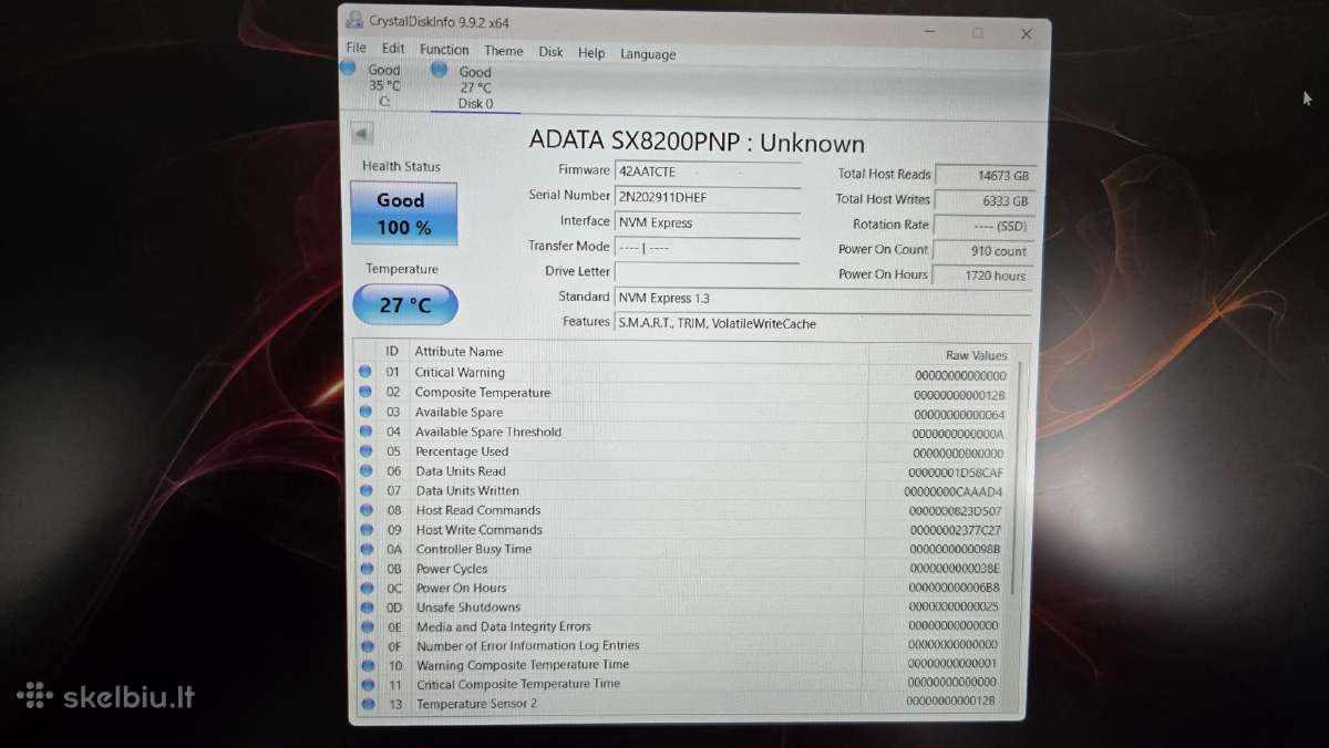1 TB Nvme M.2 SSD – Adata Xpg Sx8200 Pro - nuotraukos Nr. 3