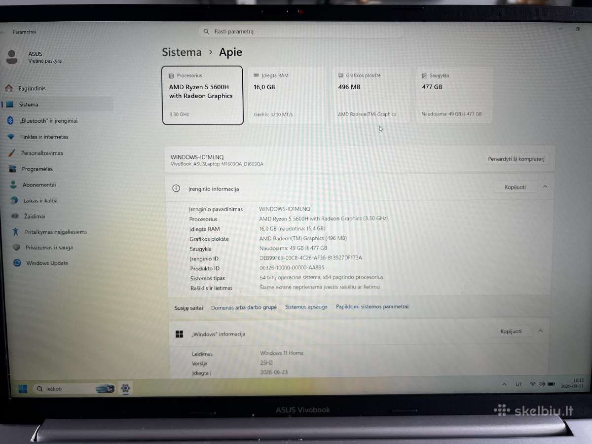 Asus Vivobook 16 Ryzen 5 5600h / 16gb / 512gb SSD - nuotraukos Nr. 10