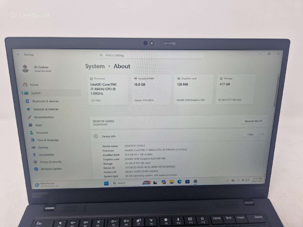 Thinkpad X1 Carbon 7th i7-8665u / 16gb / 512ssd - nuotraukos Nr. 6