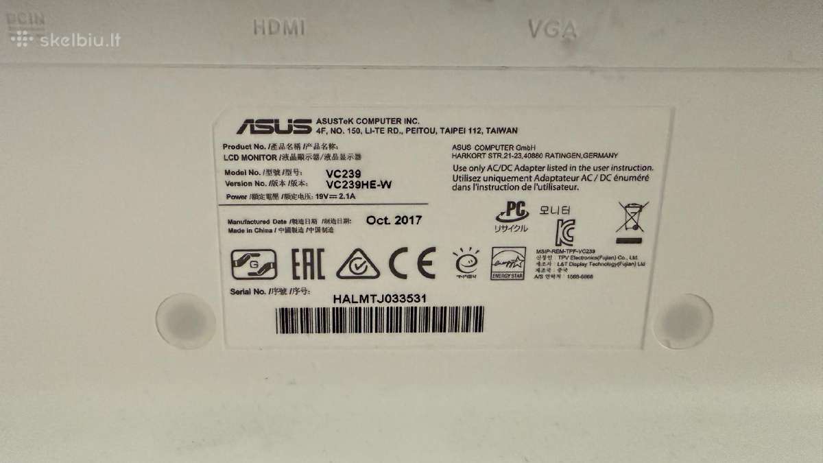 Asus Vc239h 23 Full HD monitorius – baltas - nuotraukos Nr. 5