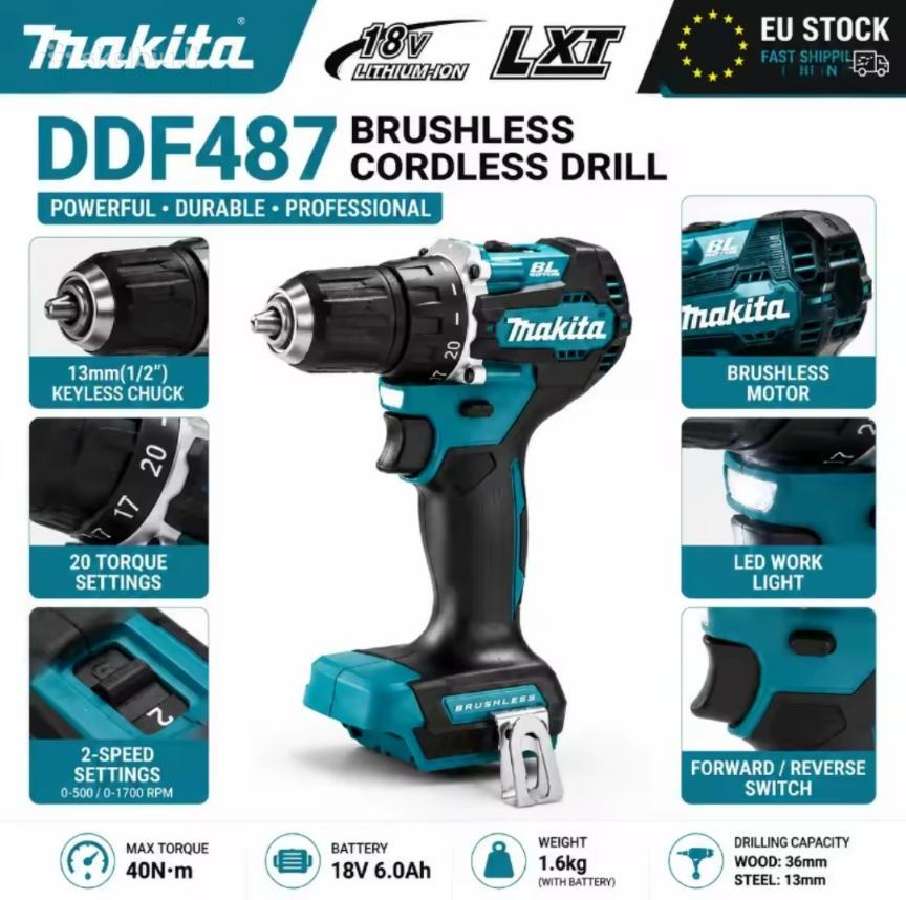 Makita Ddf487z 18v, Lxt, 40 Nm, bešepetėlis - nuotraukos Nr. 3