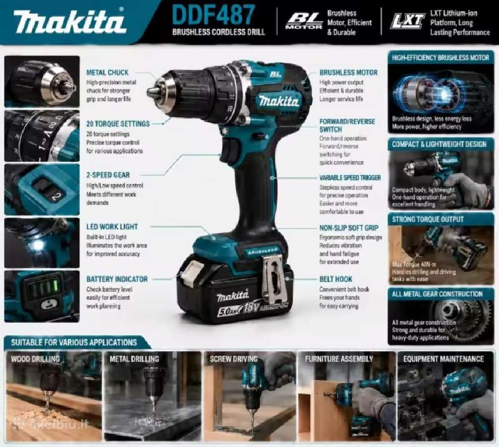 Makita Ddf487z 18v, Lxt, 40 Nm, bešepetėlis - nuotraukos Nr. 6