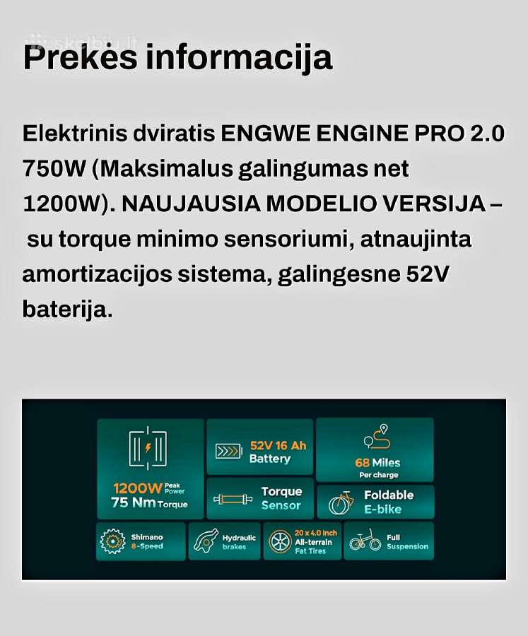 Engwe Engine Pro 2.0 Nm75 Max1200w Trip373km - nuotraukos Nr. 4