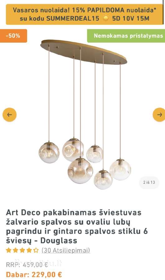Pakabinamas šviestuvas Douglass Hl 6 Brass Amber - nuotraukos Nr. 2
