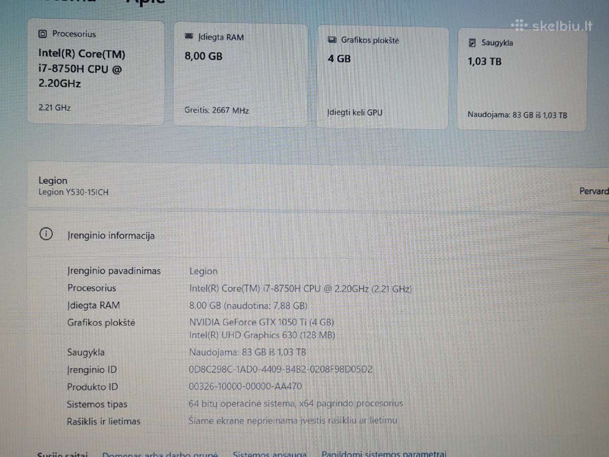 Lenovo Legion Y530-15ich i7-8750h / Gtx 1050ti 4gb - nuotraukos Nr. 4