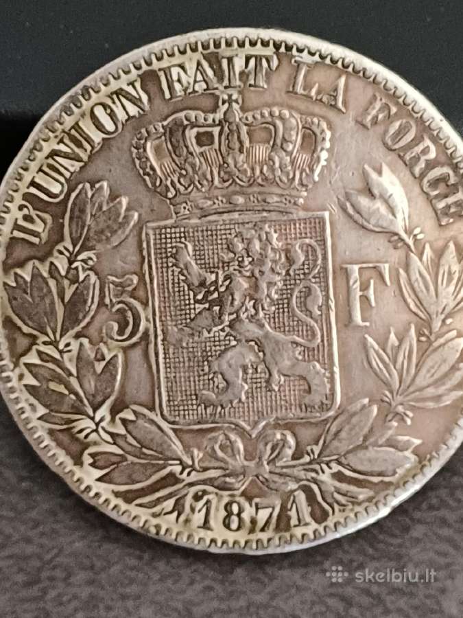 Sidabrine moneta 1871m. 5 frankai Belgija - 55 eur - nuotraukos Nr. 3