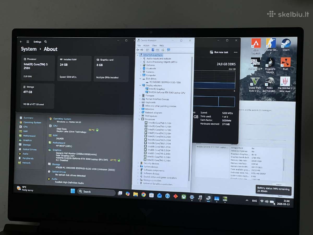 Parduodamas Hp Victus su Rtx 5060, 24gb RAM, 144hz - nuotraukos Nr. 8
