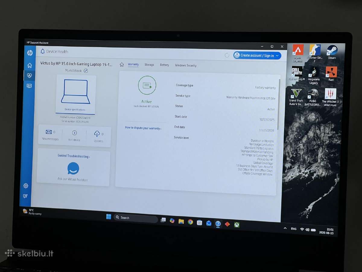 Parduodamas Hp Victus su Rtx 5060, 24gb RAM, 144hz - nuotraukos Nr. 9