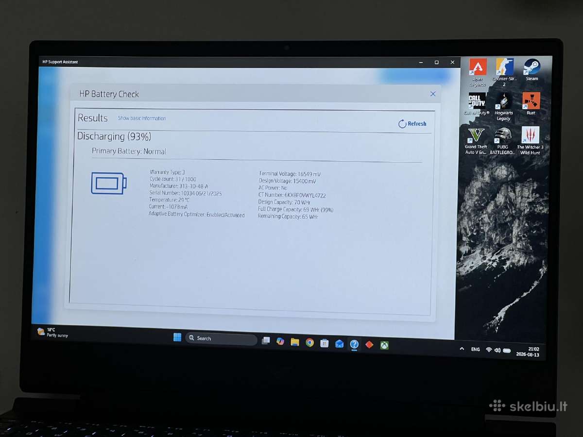 Parduodamas Hp Victus su Rtx 5060, 24gb RAM, 144hz - nuotraukos Nr. 10