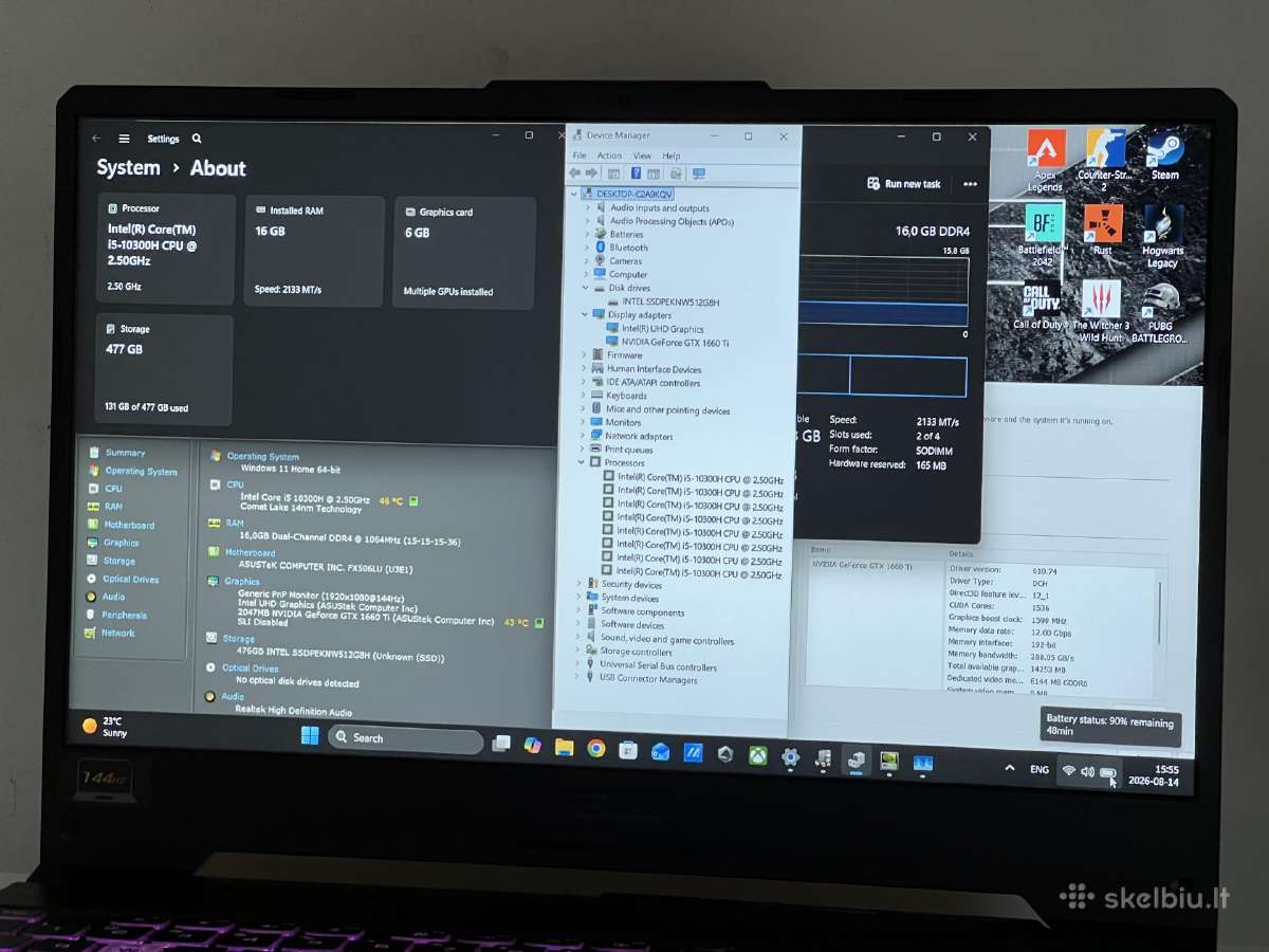 Parduodamas Asus Tuf su Gtx 1660ti, I5-10k, 144hz. - nuotraukos Nr. 8