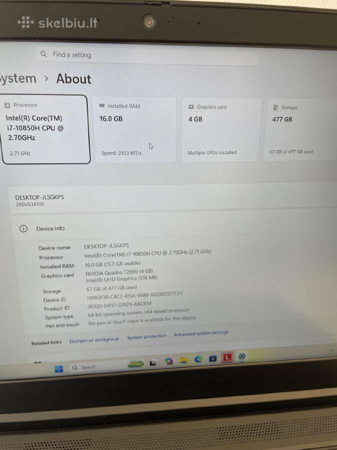 Lenovo Thinkpad P15 Gen 1 i7-10850 16gb 512gb SSD - nuotraukos Nr. 9