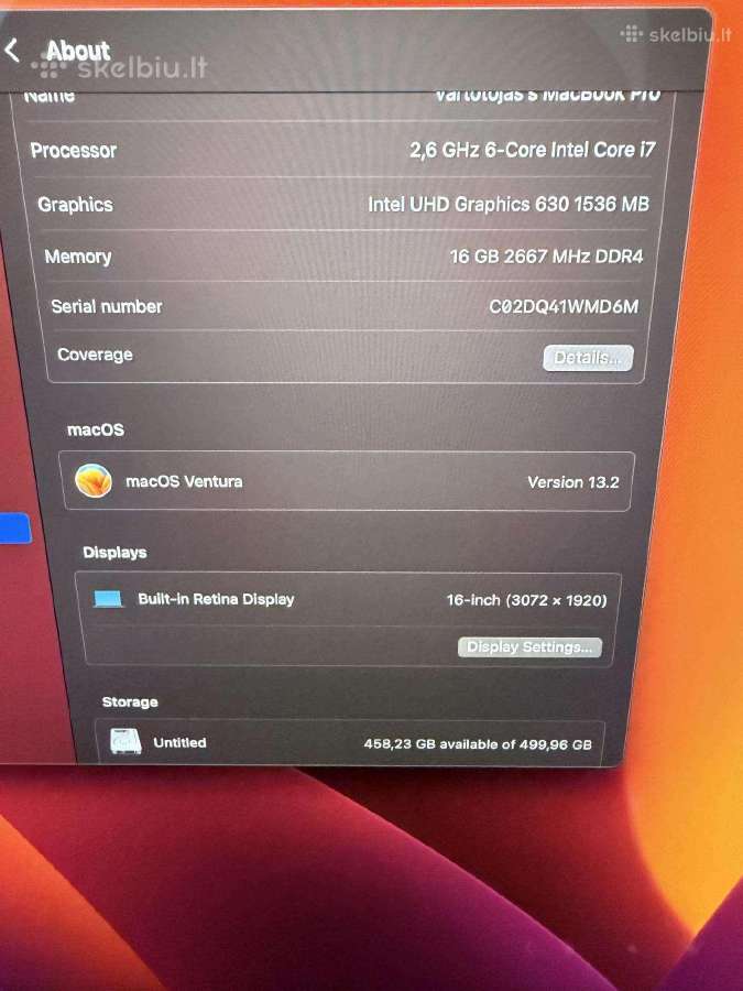 Neveikiantis Apple MacBook Pro16 (2019) Space Gray - nuotraukos Nr. 3