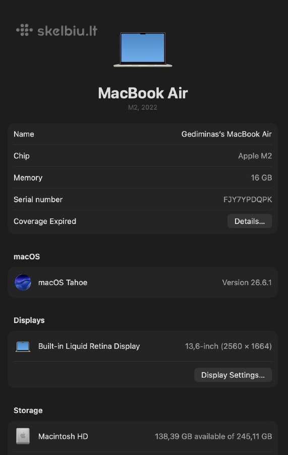 MacBook Air M2– 16gb RAM. Kaip Naujas - nuotraukos Nr. 11