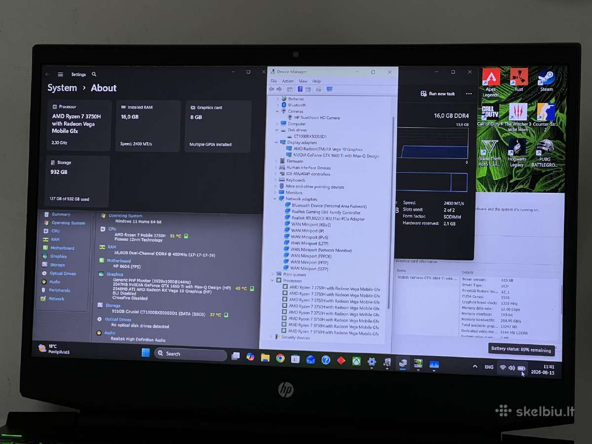 Parduodamas Hp Pavilion su Gtx 1660ti, 144hz, 1tb. - nuotraukos Nr. 8