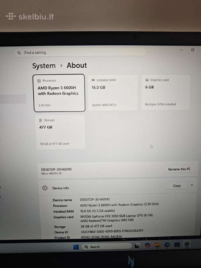 Acer Nitro V15, Ryzen 5, Rtx 3050 - nuotraukos Nr. 3