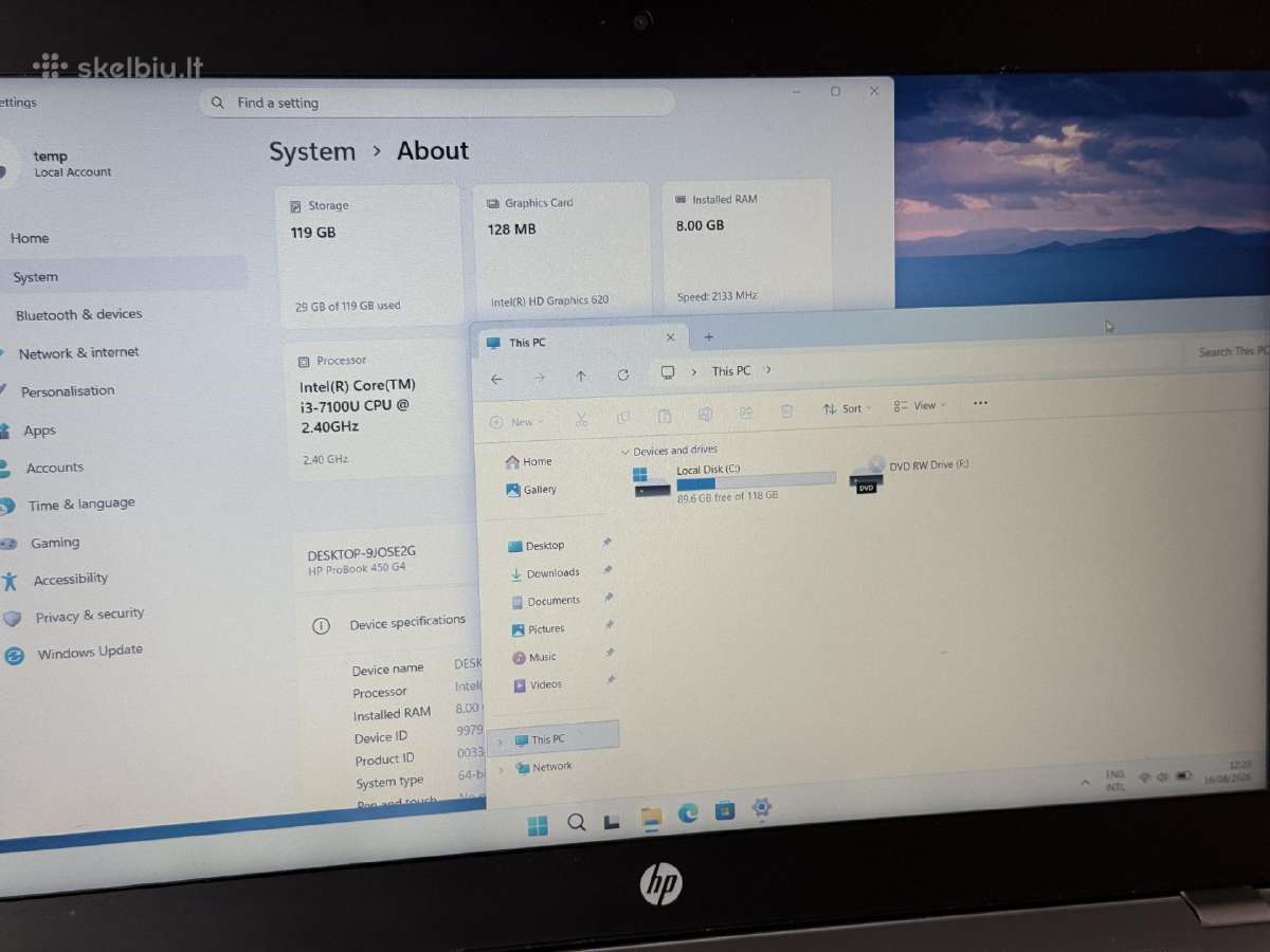 Hp Probook 450 G4 15.5 coliu i3-7100u 8gb/128gb - nuotraukos Nr. 6
