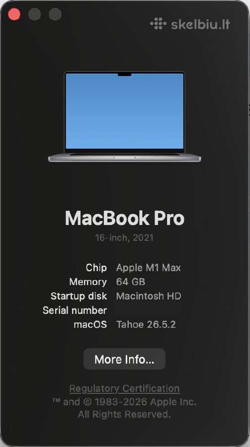 MacBook Pro 16", M1 Max, 64gb, 512gb - nuotraukos Nr. 7