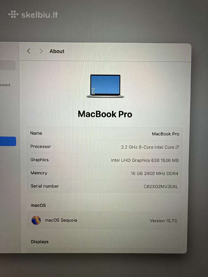 Apple MacBook Pro 15“ 2018 i7 / 16 GB / 256 GB - nuotraukos Nr. 3