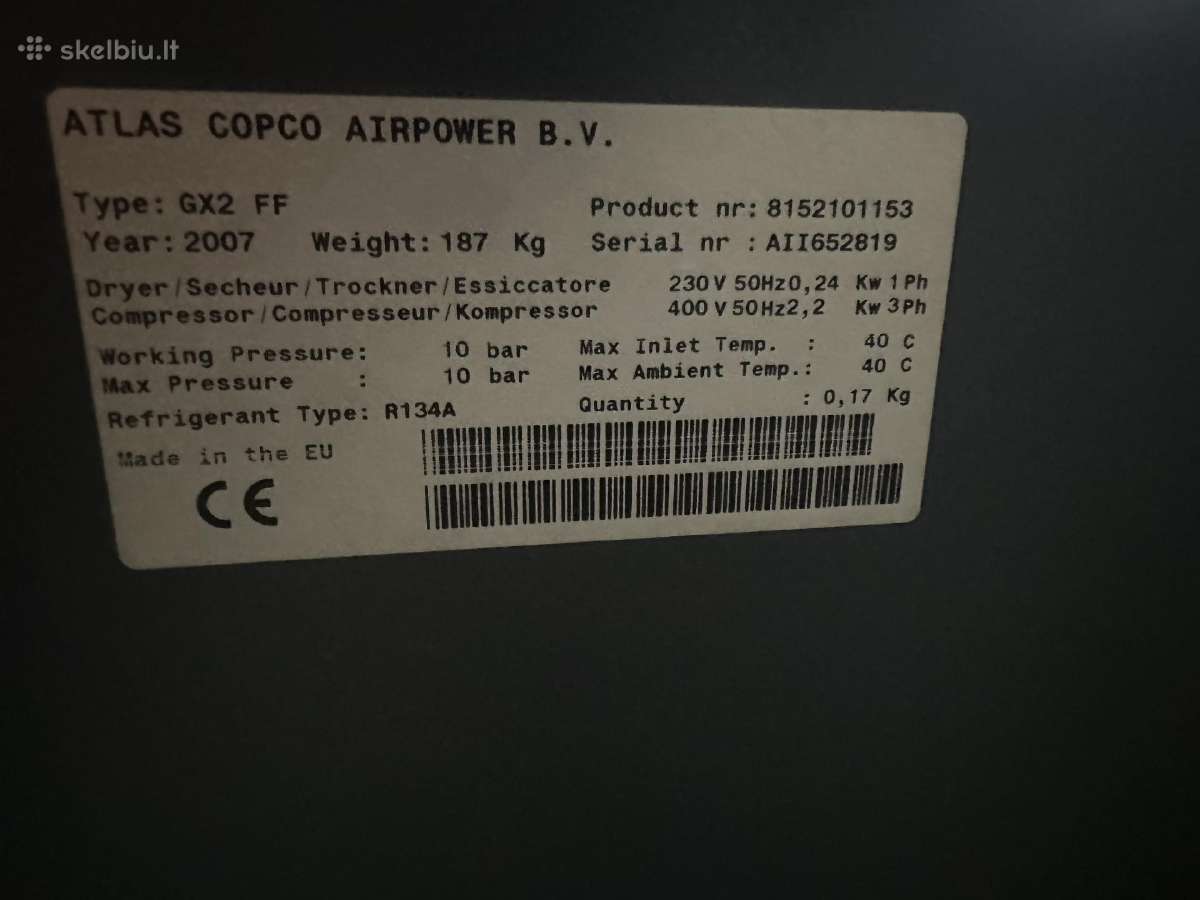 Sraigtinis oro kompresorius Atlas Copco Gx2 Ff - nuotraukos Nr. 4