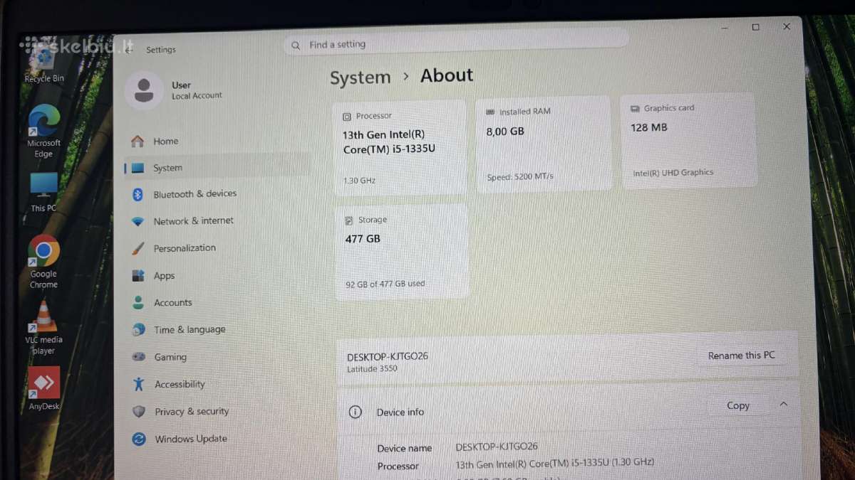 Naujas Dell i5-1335u / 8 GB Ddr5 / 512 GB SSD - nuotraukos Nr. 7