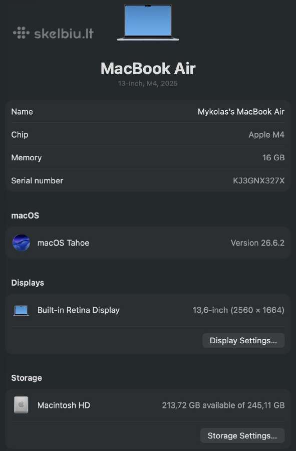 Naujas MacBook Air M4 13,6 colio - nuotraukos Nr. 8