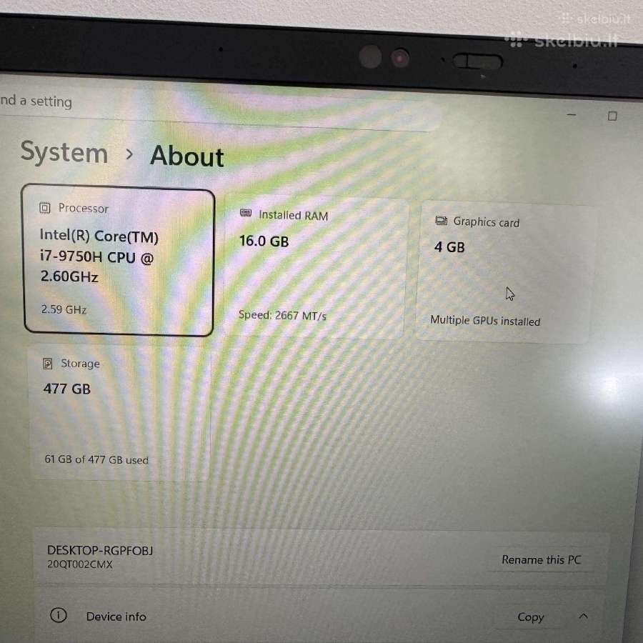 Lenovo Thinkpad P1 G2 I7 512gb SSD, T1000 15.6 Fhd - nuotraukos Nr. 10