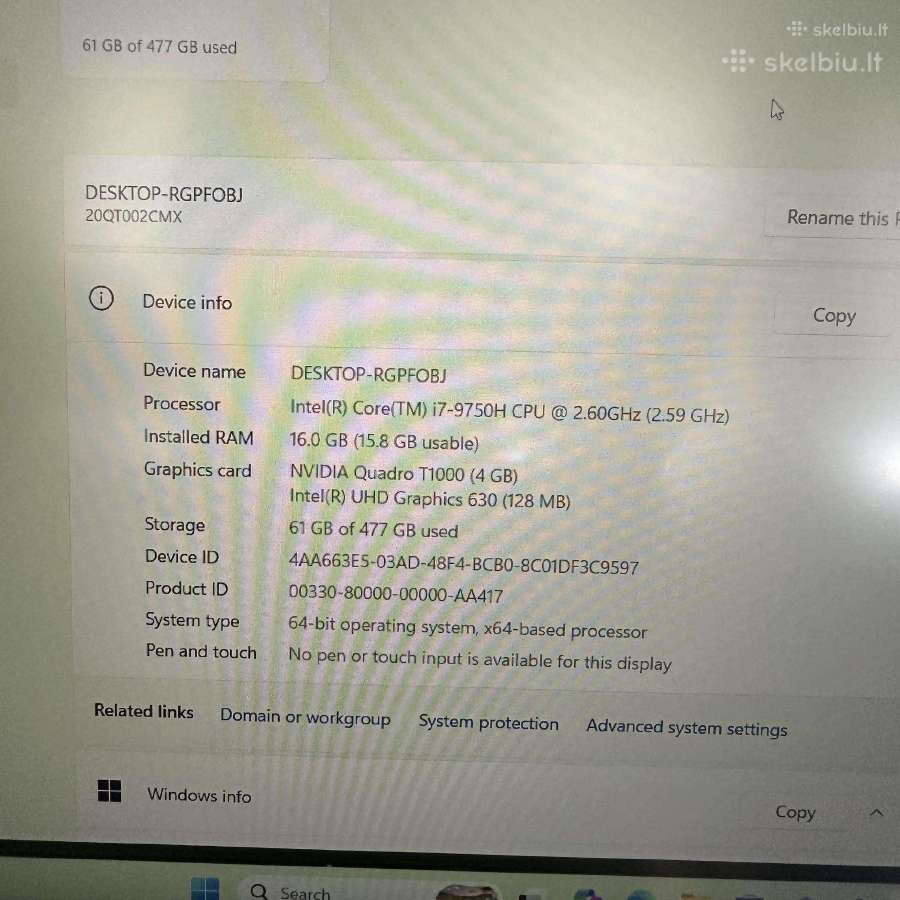 Lenovo Thinkpad P1 G2 I7 512gb SSD, T1000 15.6 Fhd - nuotraukos Nr. 8