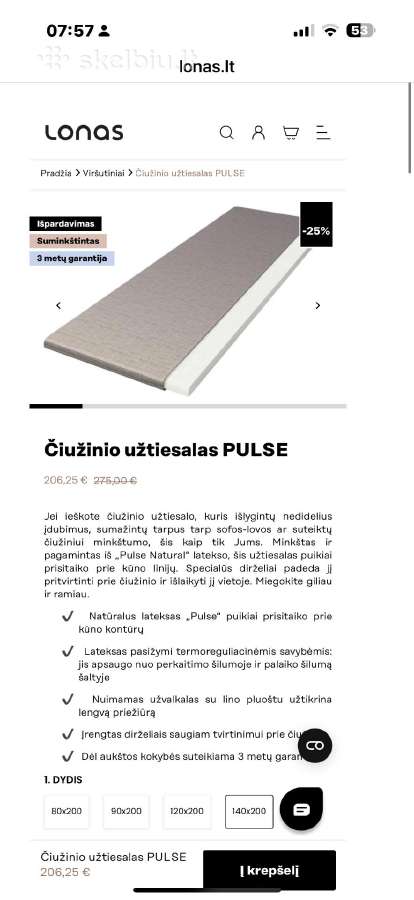Lonas pulse atčiužinis 140x200 - nuotraukos Nr. 3