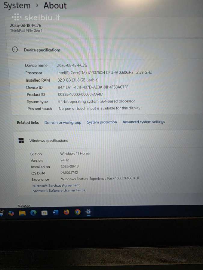 Lenovo Thinkpad P15v Gen 1.i7-10750h. 32/512 GB. - nuotraukos Nr. 6