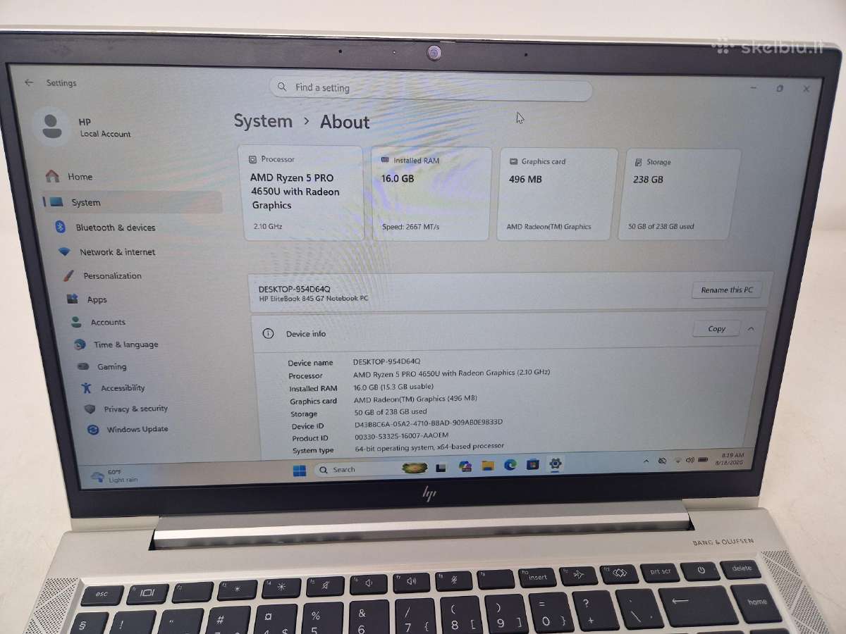 Hp Elitebook 845 G7/ Amd Ryzen 5pro 4650u/16gb/256 - nuotraukos Nr. 6