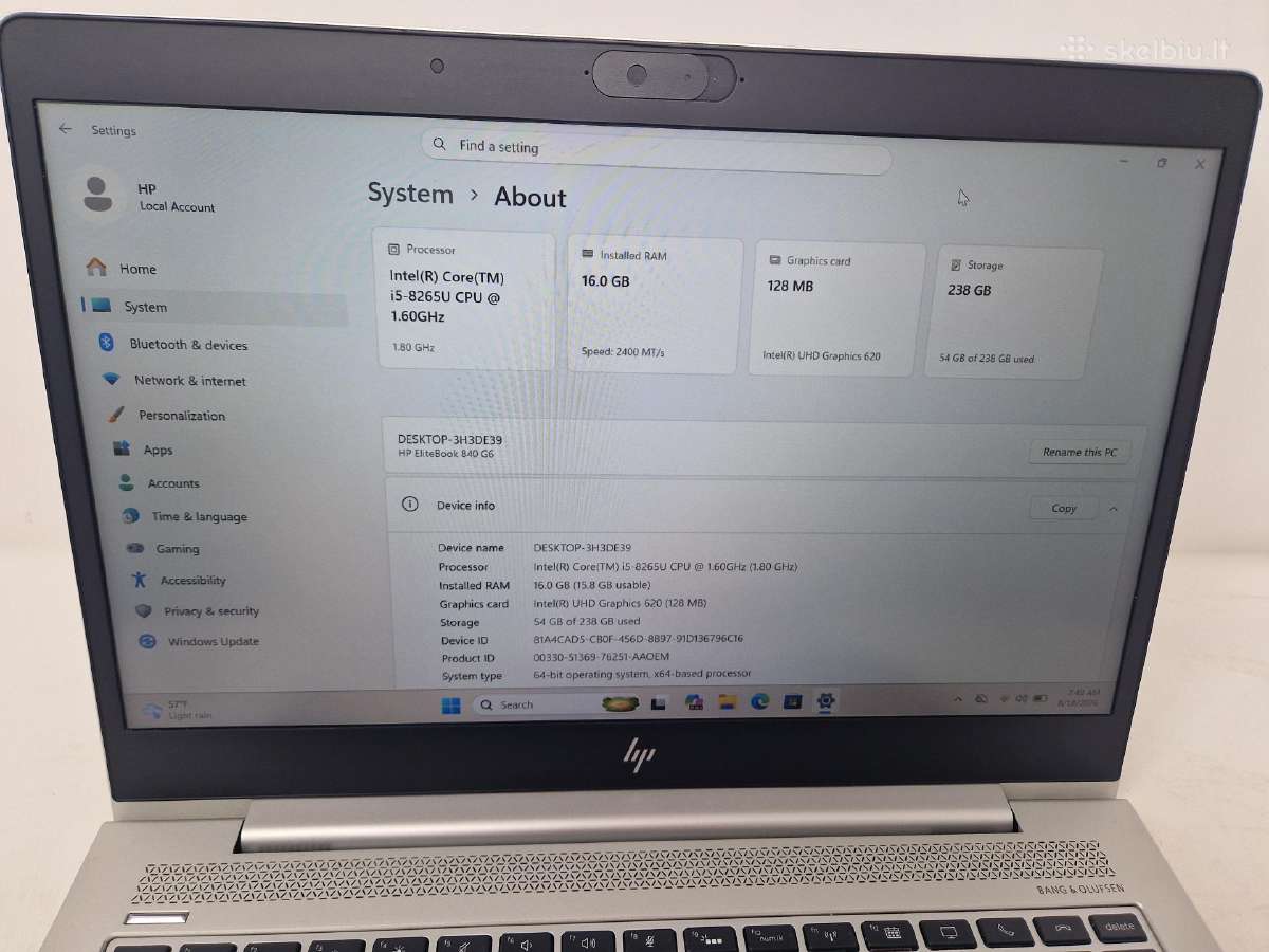 Hp Elitebook 840 G6/i5-8265u/16gb/256ssd - nuotraukos Nr. 7