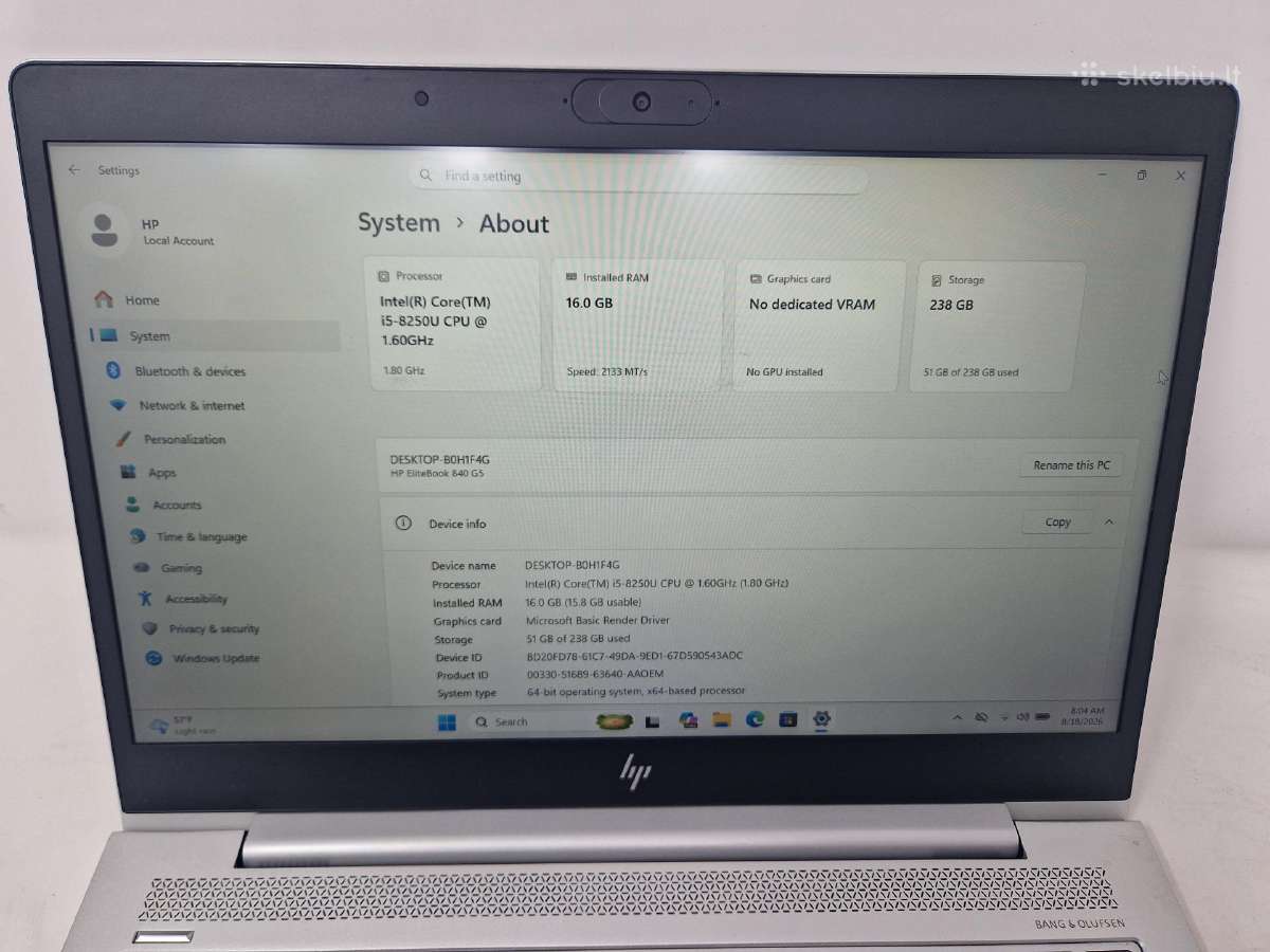 Hp Elitebook 840 G5/i5-8250u/16gb/256ssd - nuotraukos Nr. 7