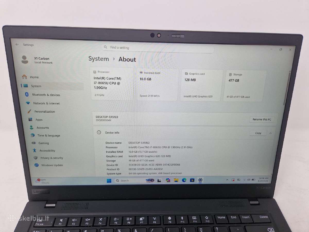 Thinkpad X1 Carbon 7th/i7-8665u/16gb/512ssd - nuotraukos Nr. 7