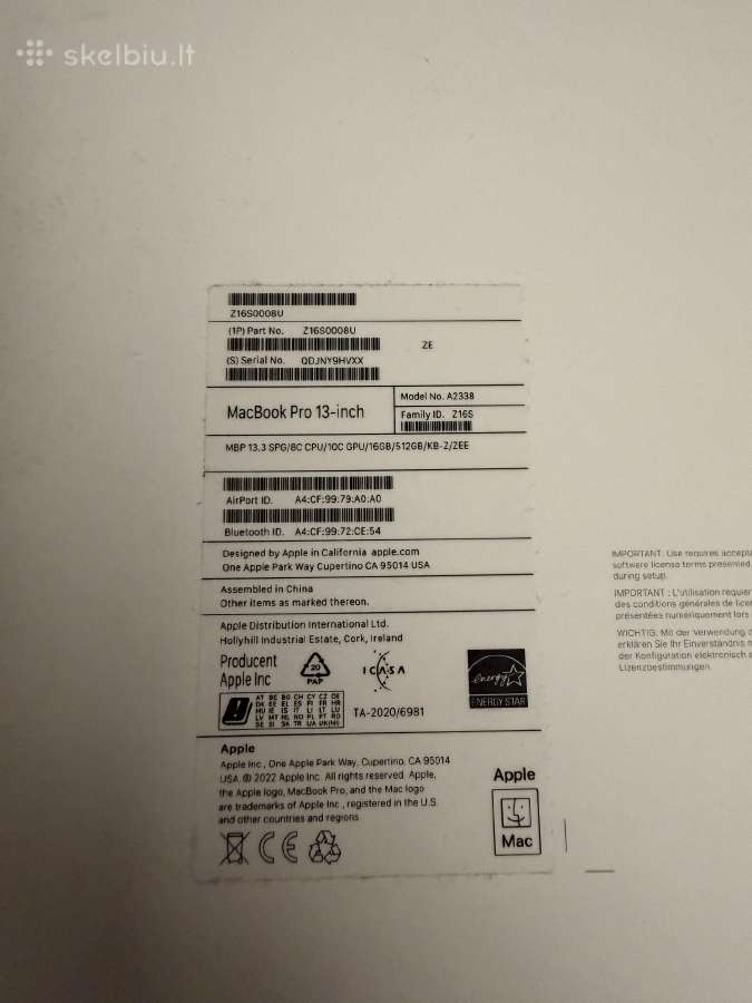 MacBook Pro 13 M2, 16 GB RAM, 512gb, 2022 m. - nuotraukos Nr. 9