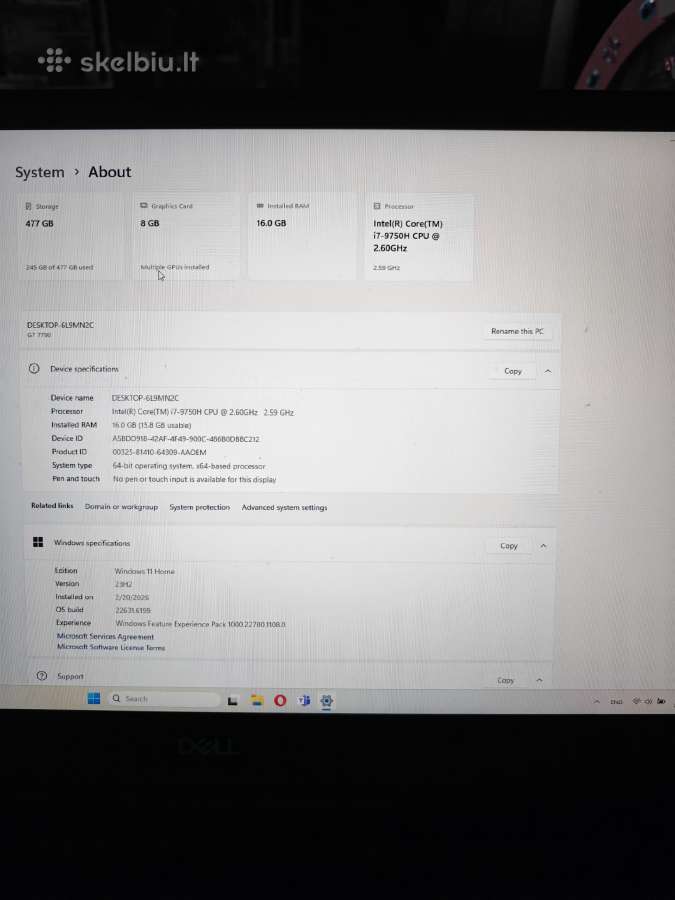 Dell G7 7790 Nvidia 2070 max -Q - nuotraukos Nr. 5