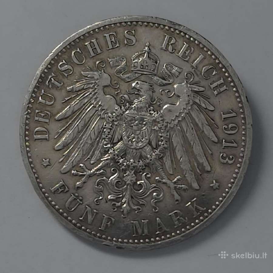 1913 m. 5 markių moneta Prūsija - nuotraukos Nr. 2