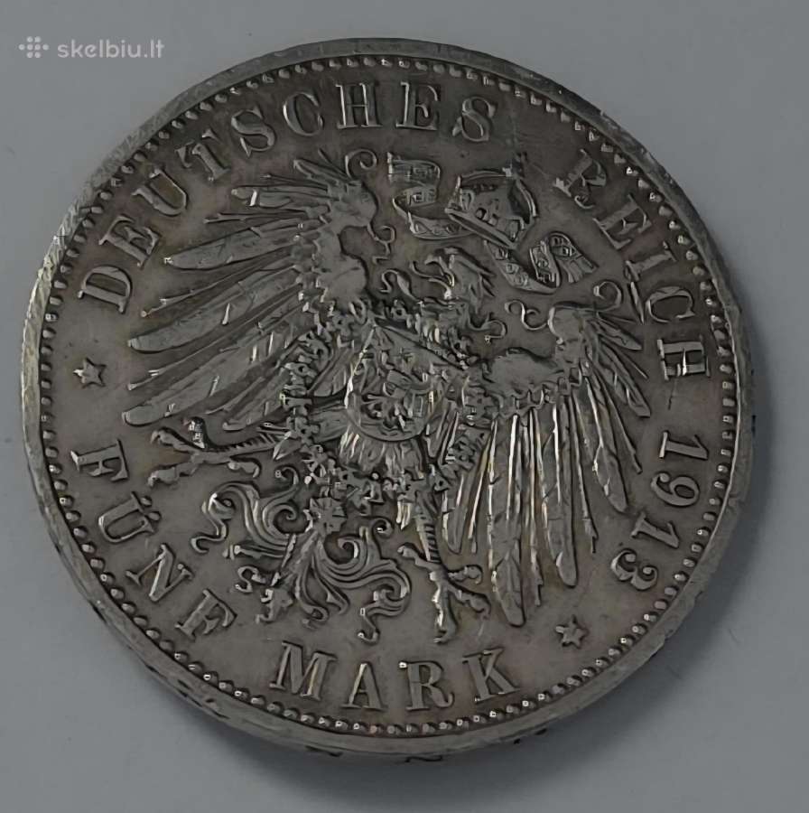 1913 m. 5 markių moneta Prūsija - nuotraukos Nr. 7