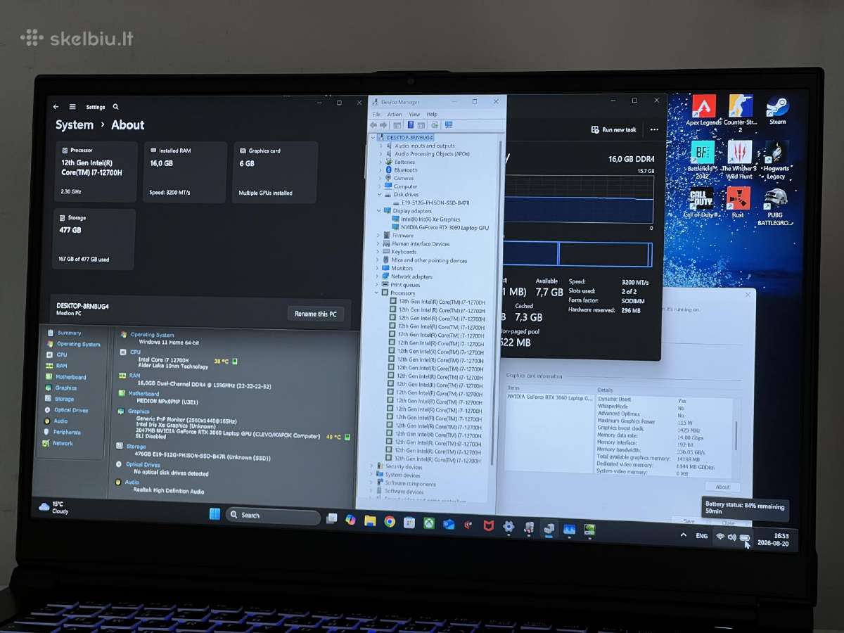Parduodamas Erazer su Rtx 3060, I7-12k, 2k 165hz. - nuotraukos Nr. 8